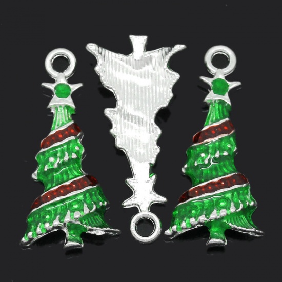 Picture of Charm Pendants Christmas Tree Silver Plated Enamel Green & Red 3x1.4cm,10PCs