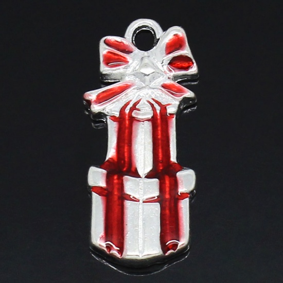 Picture of Charm Pendants Christmas Gift Box Silver Plated Enamel Red 28x12mm,10PCs