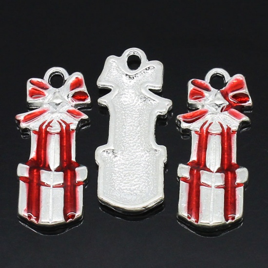 Picture of Charm Pendants Christmas Gift Box Silver Plated Enamel Red 28x12mm,10PCs