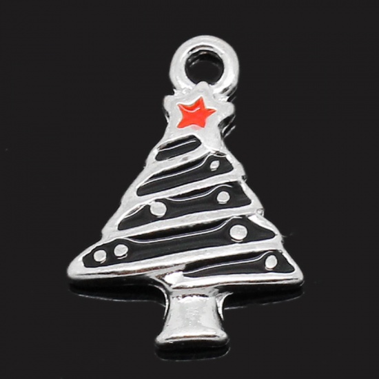 Picture of Charm Pendants Christmas Tree Silver Plated Enamel Black & Red 19x13mm,10PCs