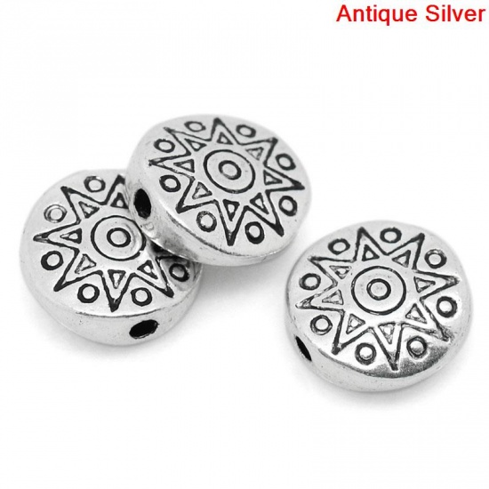 Picture of Spacer Beads Round Antique Silver Sun Pattern Carved 10mm Dia,Hole:Approx 1.4mm,50PCs