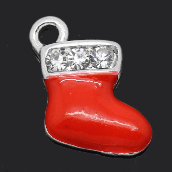 Picture of Zinc Metal Alloy Charm Pendants Christmas Stocking Silver Plated Red Enamel Clear Rhinestone 18mm x 10mm( 6/8"x 3/8"), 10 PCs