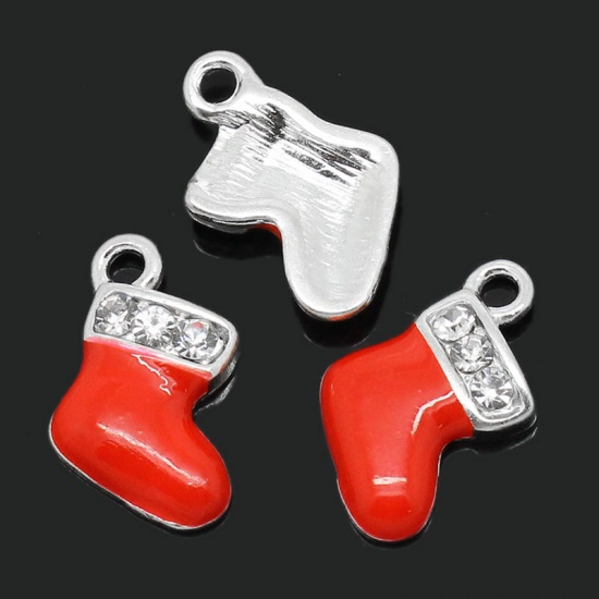 Picture of Zinc Metal Alloy Charm Pendants Christmas Stocking Silver Plated Red Enamel Clear Rhinestone 18mm x 10mm( 6/8"x 3/8"), 10 PCs