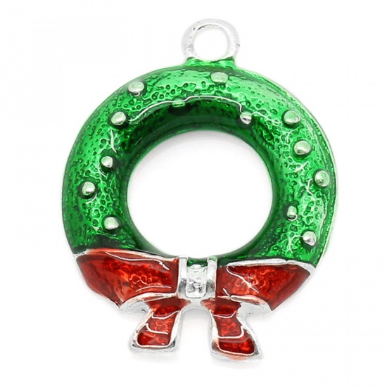 Picture of Zinc Metal Alloy Charm Pendants Christmas Wreath Silver Plated Red & Green Enamel 25mm x 19mm(1"x 6/8"), 20 PCs
