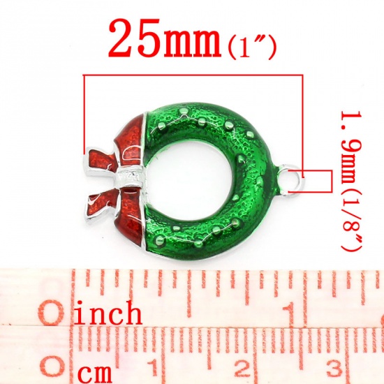 Picture of Zinc Metal Alloy Charm Pendants Christmas Wreath Silver Plated Red & Green Enamel 25mm x 19mm(1"x 6/8"), 20 PCs