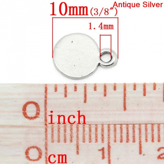 Picture of Zinc Metal Alloy Charm Pendants Round Antique Silver 10mm( 3/8") x 8mm( 3/8"), 100 PCs