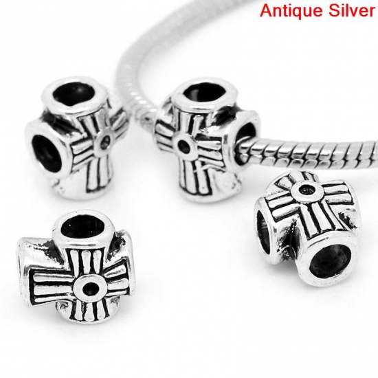 Picture of Zinc Metal Alloy European Style Large Hole Charm Beads Cross Antique Silver Color Inlaid Diamonds About 12mm x 10mm, Hole: Approx 4.5mm, 50 PCs