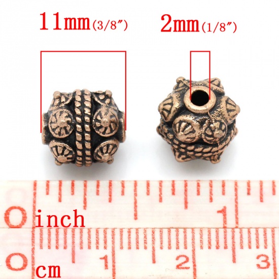 Picture of Spacer Beads Column Antique Copper Flower Carved 11mm x 10mm,Hole:Approx 2mm,30PCs