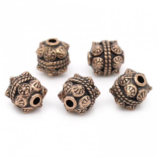 Picture of Spacer Beads Column Antique Copper Flower Carved 11mm x 10mm,Hole:Approx 2mm,30PCs