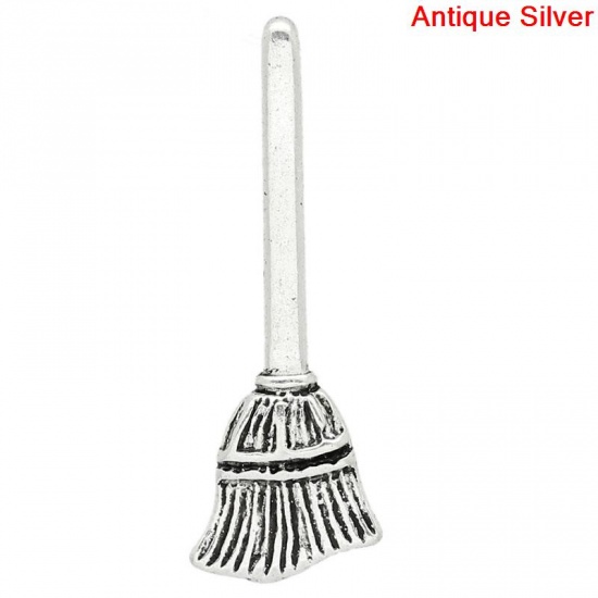 Picture of Zinc Metal Alloy Charm Pendants Broom Antique Silver 27mm(1 1/8") x 10mm( 3/8"), 50 PCs