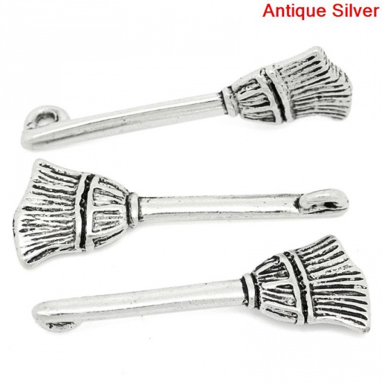 Picture of Zinc Metal Alloy Charm Pendants Broom Antique Silver 27mm(1 1/8") x 10mm( 3/8"), 50 PCs
