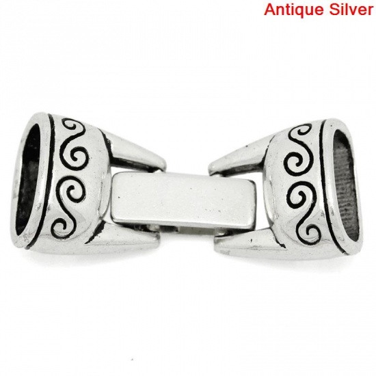 Picture of Zinc Based Alloy Hook Clasps Rectangle Antique Silver Pattern Carved 3.2cm x1.3cm, 5 Sets