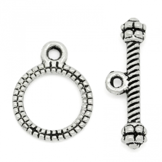 Picture of Zinc Based Alloy Toggle Clasps Round Antique Silver Stripe Carved 13mm x 10mm 17mm x 5mm, 100 Sets