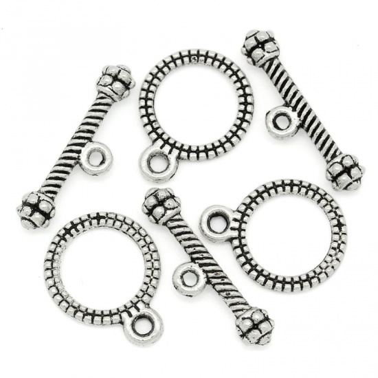 Picture of Zinc Based Alloy Toggle Clasps Round Antique Silver Color Stripe Carved 13mm x 10mm 17mm x 5mm, 100 Sets