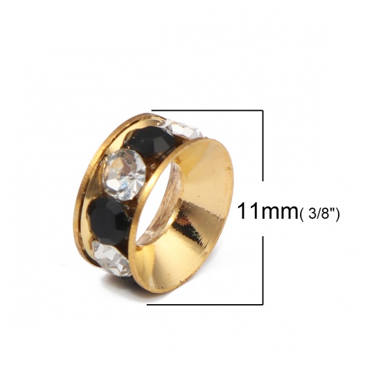 Picture of Copper European Style Large Hole Charm Rondelle Beads Round Gold Plated Clear & Black Rhinestone About 11mm Dia, Hole: Approx 5mm, 10 PCs