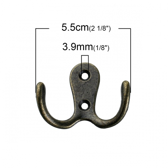 Picture of Zinc Based Alloy Double Prong Wall Hook Hanger Clothes Hat Coat Rack Home Decor Antique Bronze 55mm x 41mm(2 1/8"x1 5/8"), 5 PCs