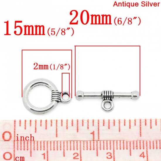 Picture of Zinc Based Alloy Toggle Clasps Round Antique Silver 15mm x 11mm 20mm x 6mm, 50 Sets