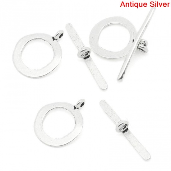Picture of Zinc Based Alloy Toggle Clasps Round Antique Silver Color 21mm x 17mm 29mm x 3mm, 50 Sets