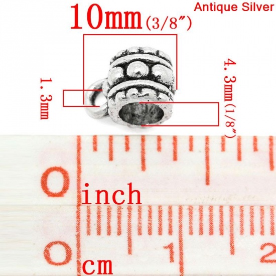 Immagine di Lega di Zinco Manico Perline Barile Argento Antico Polka Dot Disegno 4.3mm 1.3mm 10mm x 6mm, 100 Pz