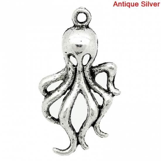 Picture of Ocean Jewelry Zinc Based Alloy Pendants Octopus Animal Antique Silver Color Hallow 32mm(1 2/8") x 17mm( 5/8"), 50 PCs