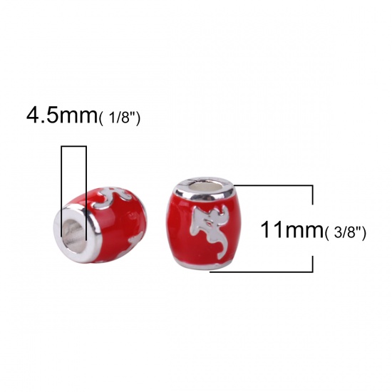 Picture of Zinc Metal Alloy European Style Large Hole Charm Beads Barrel Silver Plated Alphabet/Letter "A" Carved Red & White Enamel 11x10mm, Hole: Approx 4.5mm, 10 PCs