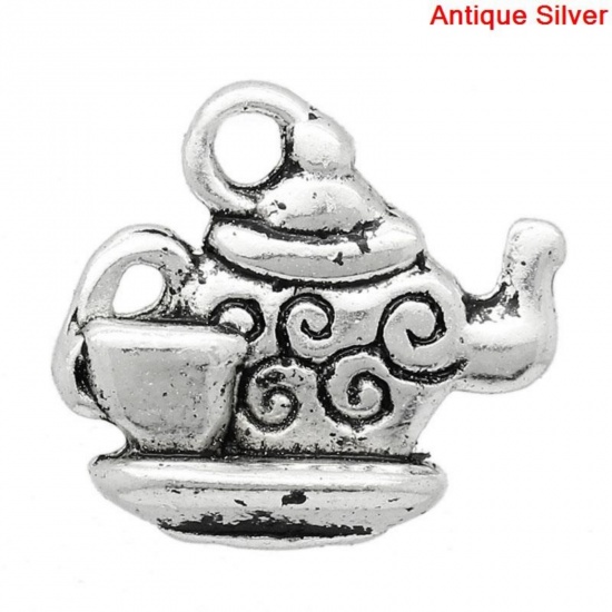 Picture of Zinc Metal Alloy Charm Pendants Teapot Antique Silver Color 14mm( 4/8") x 13mm( 4/8"), 50 PCs