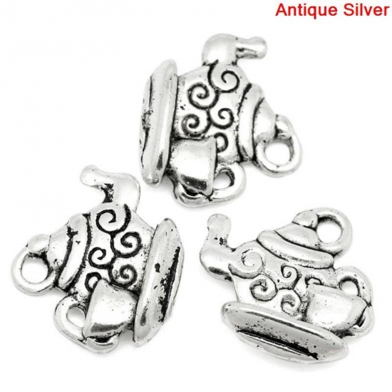 Picture of Zinc Metal Alloy Charm Pendants Teapot Antique Silver Color 14mm( 4/8") x 13mm( 4/8"), 50 PCs