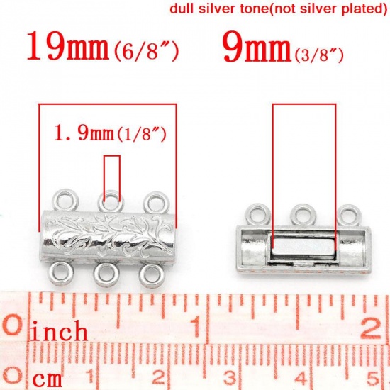 Picture of Magnetic Hematite 3 Strand Magnetic Slide Lock Clasps Rectangle Silver Tone 19mm x 14mm, 5 PCs