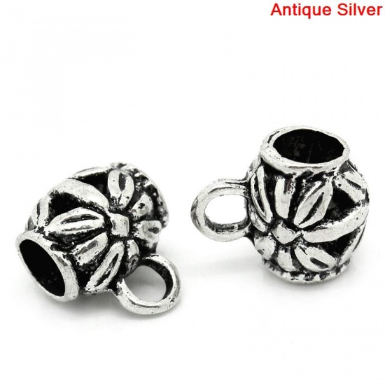 Picture of Zinc Based Alloy Bails Beads Cup Tableware Antique Silver Flower Carved 11mm x 9mm, 50 PCs