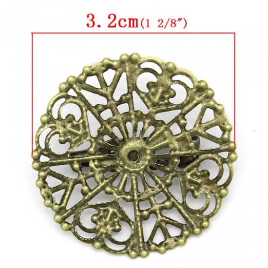 Image de Broche Epingle à Nourrice Estampe en Filigrane en Laiton Rond Bronze Antique Fleur Creux 3.2cm x 3.1cm, 20 PCs                                                                                                                                                