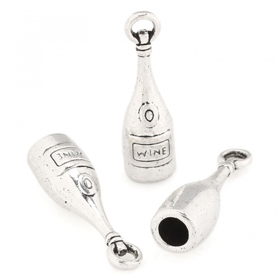 Picture of Zinc Metal Alloy Charm Pendants Bottle Antique Silver Message " wine " Carved 27.5mm(1 1/8") x 8mm( 3/8"), 250 PCs