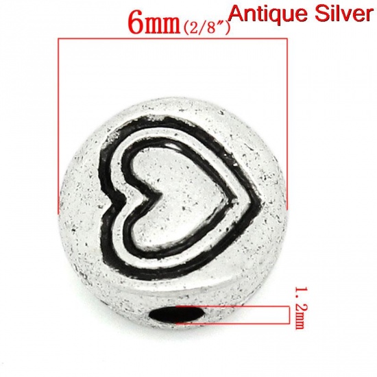 Image de Perles en Alliage de Zinc Forme Rond Argent Antique Coeur Diamètre: 6mm, Tailles de Trous: 1.2mm, 300 Pièces