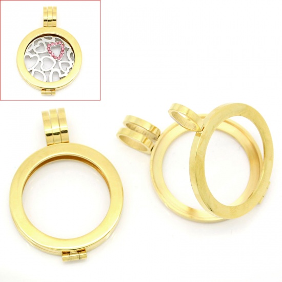 Image de Pendentif Médaillon en 304 Acier Inoxydable Rond Doré Creux Convenable à l'Accessoire Dos Plat 3.8cm x 2.7cm, 1 Pièce