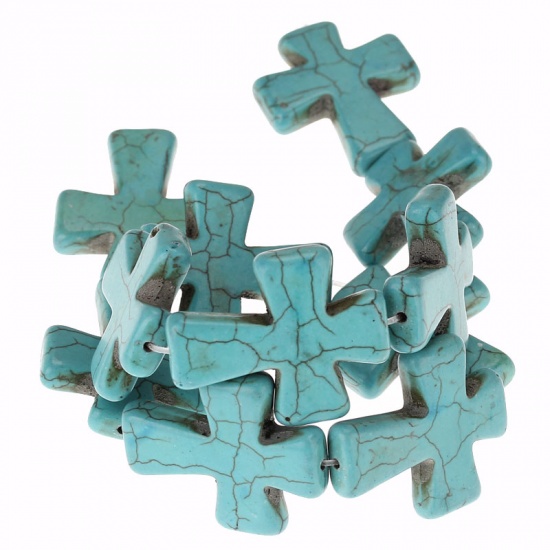 Image de (Classement D) Perles en Howlite Turquoise Imitation Croix Motif Fissuré Vert Malachite 3.7cm x 3cm, Taille de Trou: 1.6mm, 40.3cm long, 1 Enfilade(11 Pcs/Enfilade)