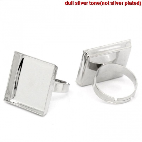Image de Bague Adjustable en Laiton Carré Argent Mat (Convenable à Cabochon 21mm x 21mm) 18.3mm (Taille d'US 8), 10 PCs
