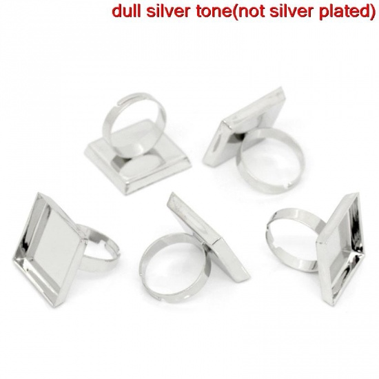 Image de Bague Adjustable en Laiton Carré Argent Mat (Convenable à Cabochon 21mm x 21mm) 18.3mm (Taille d'US 8), 10 PCs