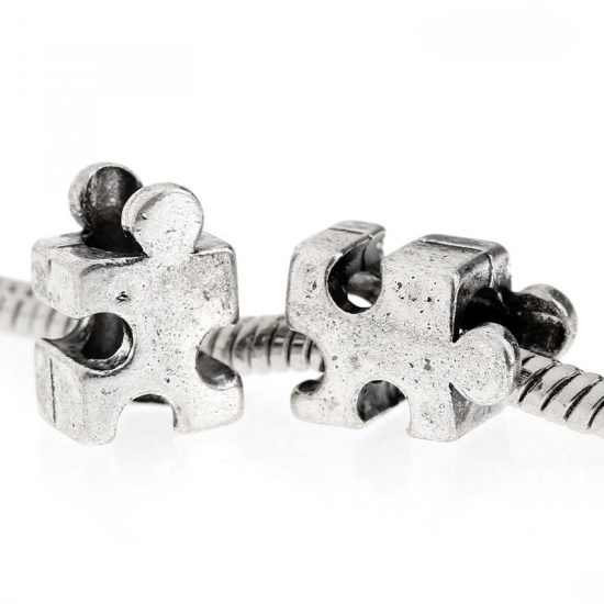 Picture of Zinc Based Alloy European Style Large Hole Charm Beads Puzzle Jigsaw Antique Silver 13mm x8mm, Hole: Approx 4.5mm, 30 PCs