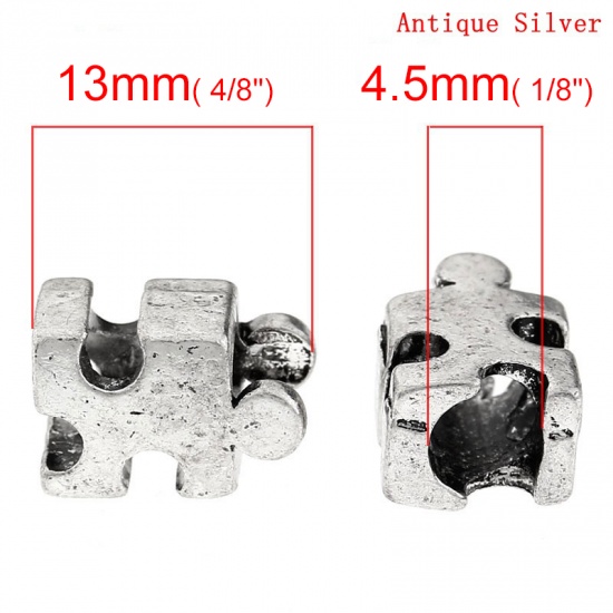 Picture of Zinc Based Alloy European Style Large Hole Charm Beads Puzzle Jigsaw Antique Silver 13mm x8mm, Hole: Approx 4.5mm, 30 PCs