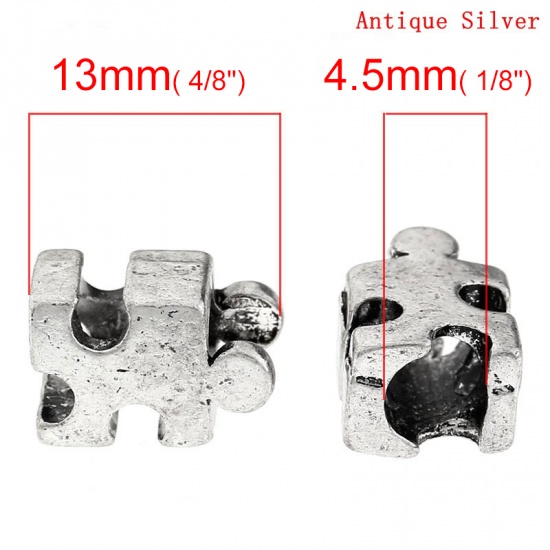 Immagine di Lega di Zinco Stile Europeo Perline Puzzel Argento Antico Circa 13mm x8mm, Foro: Circa 4.5mm, 30 Pz