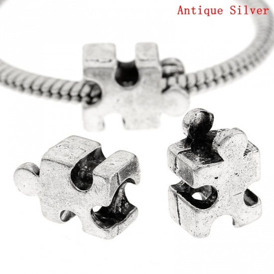 Picture of Zinc Based Alloy European Style Large Hole Charm Beads Puzzle Jigsaw Antique Silver 13mm x8mm, Hole: Approx 4.5mm, 30 PCs