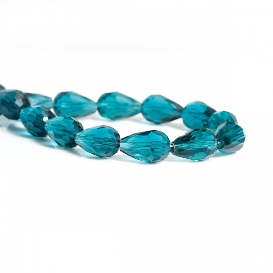 Picture of Crystal Glass Loose Beads Teardrop Peacock Blue Faceted 15mm x 10mm,76cm long, 1 Strand(approx 50PCs)
