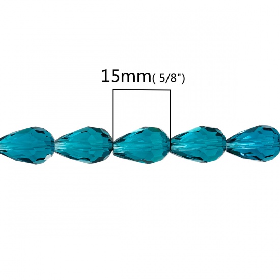 Picture of Crystal Glass Loose Beads Teardrop Peacock Blue Faceted 15mm x 10mm,76cm long, 1 Strand(approx 50PCs)