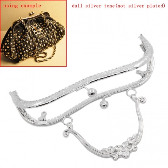 Picture of Iron Based Alloy Kiss Clasp Lock Purse Frame Arch Silver Tone Flower 21x9cm(8 2/8" x3 4/8"), Open Size: 21x17cm(8 2/8" x6 6/8"), 1 Piece