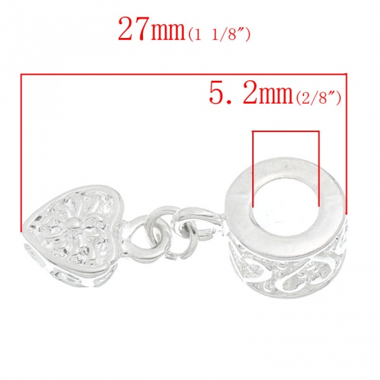 Picture of European Style Large Hole Charm Dangle Beads Heart Silver Plated Halloween Spider Pattern 27mm(1 1/8") x 7mm( 2/8"), 20 PCs