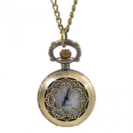 Picture of Pocket Watches Round Antique Bronze Flower Pattern Hollow Battery Included 83cm(32 5/8") long,1Piece