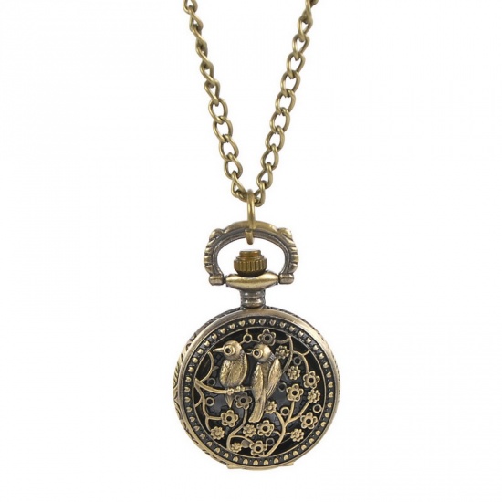Picture of Pocket Watches Round Antique Bronze Birds & Flower Pattern Hollow Battery Included 83cm(32 5/8") long,1Piece