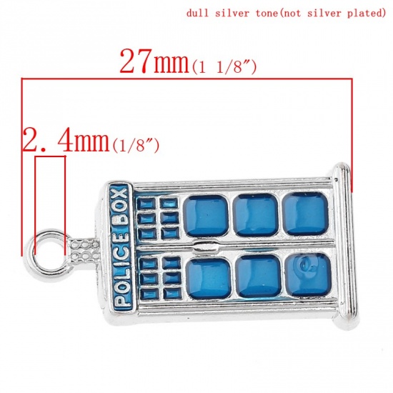 Picture of Zinc Metal Alloy Charm Pendants Rectangle Silver Tone Message " POLICE BOX " Carved Blue Enamel 27mm(1 1/8") x 14mm( 4/8"), 1 Piece