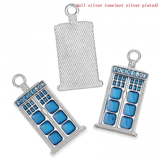 Picture of Zinc Metal Alloy Charm Pendants Rectangle Silver Tone Message " POLICE BOX " Carved Blue Enamel 27mm(1 1/8") x 14mm( 4/8"), 1 Piece