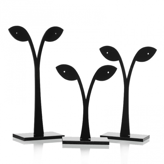Picture of Acrylic Jewelry Earrings Display Rack Stand Leaf Black 8.4x6.6cm(3 2/8"x2 5/8") 10.3x6.6cm(4"x2 5/8") 12.3x6.6cm(4 7/8"x2 5/8"), 2 Sets (3 PCs/Set)