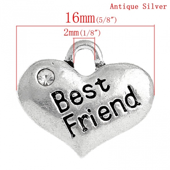 Picture of Zinc Metal Alloy Charm Pendants Heart Antique Silver Message " BEST FRIEND " Carved Clear Rhinestone 16mm( 5/8") x 14mm( 4/8"), 100 PCs